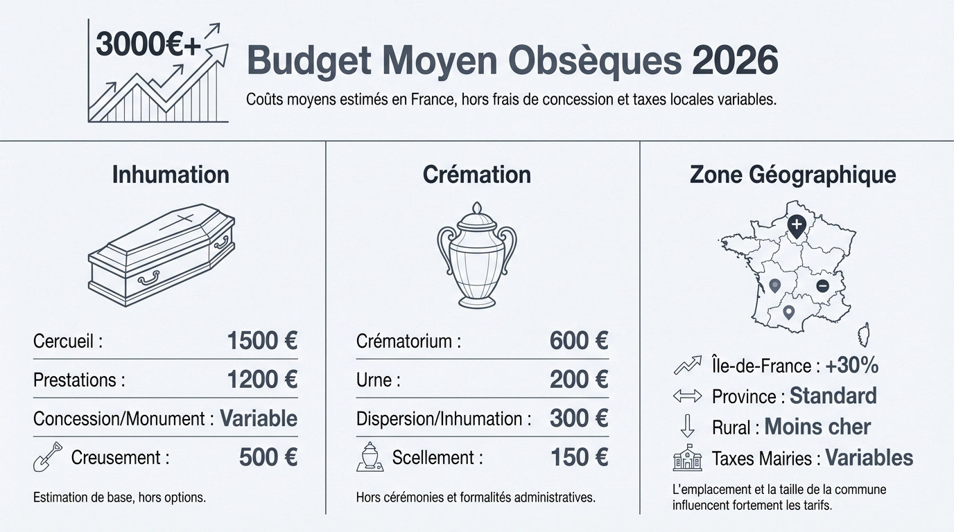 Graphique illustrant le budget moyen des obsèques en France pour l'année 2026