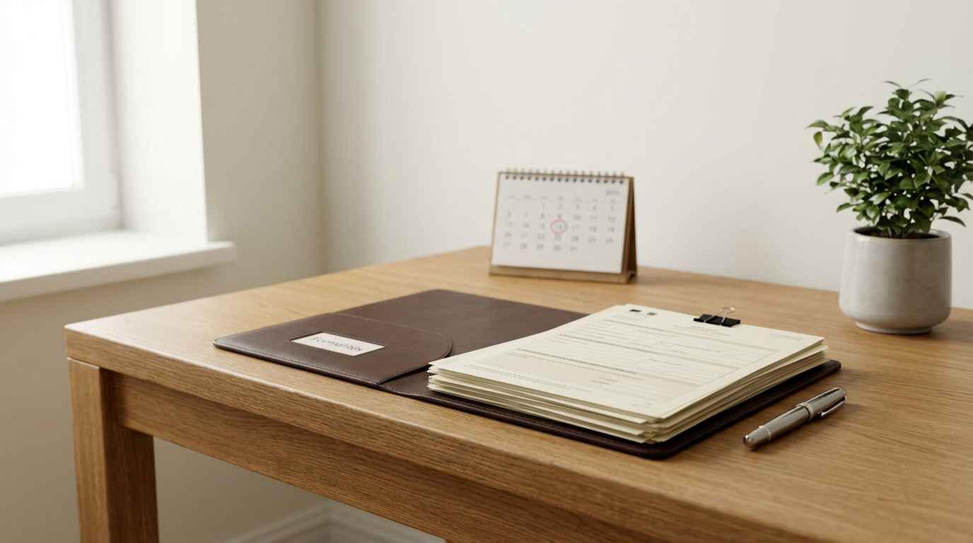 Bureau organisé avec dossier "Formalités", papiers officiels, stylo, calendrier et plante. Symbolise les démarches de décès.