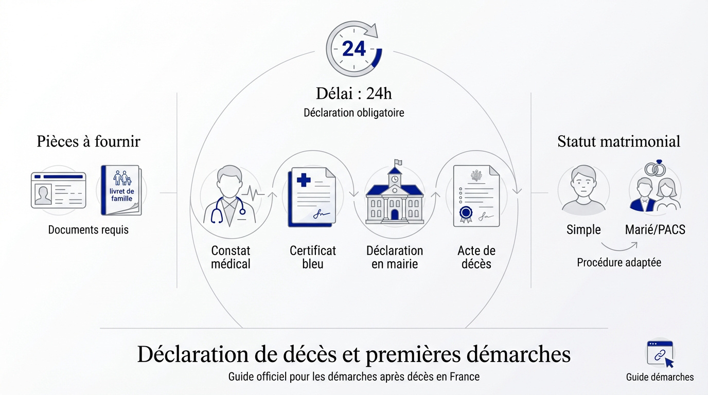 Infographie expliquant le processus des démarches administratives après un décès