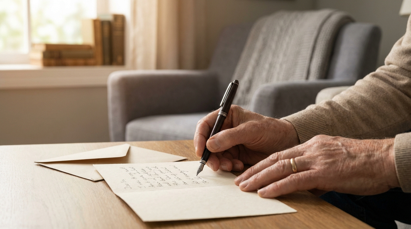 Gros plan sur les mains d'une personne âgée écrivant une lettre de condoléances avec un stylo plume. Une enveloppe est posée sur la table.