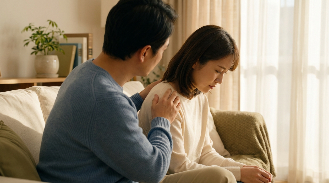 Un homme réconforte une femme triste en posant une main sur son épaule. Ils sont assis sur un canapé dans un salon lumineux.