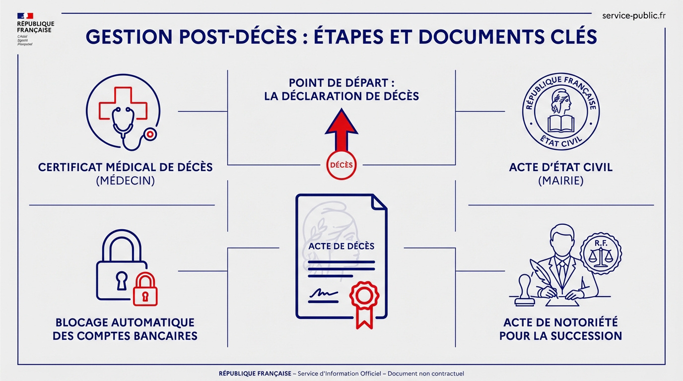 Infographie récapitulative des étapes administratives et des documents clés après un décès
