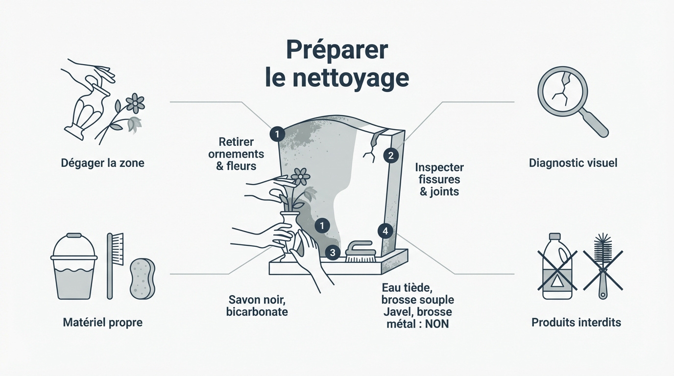 Matériel nécessaire pour l'entretien et le nettoyage d'une pierre tombale au cimetière