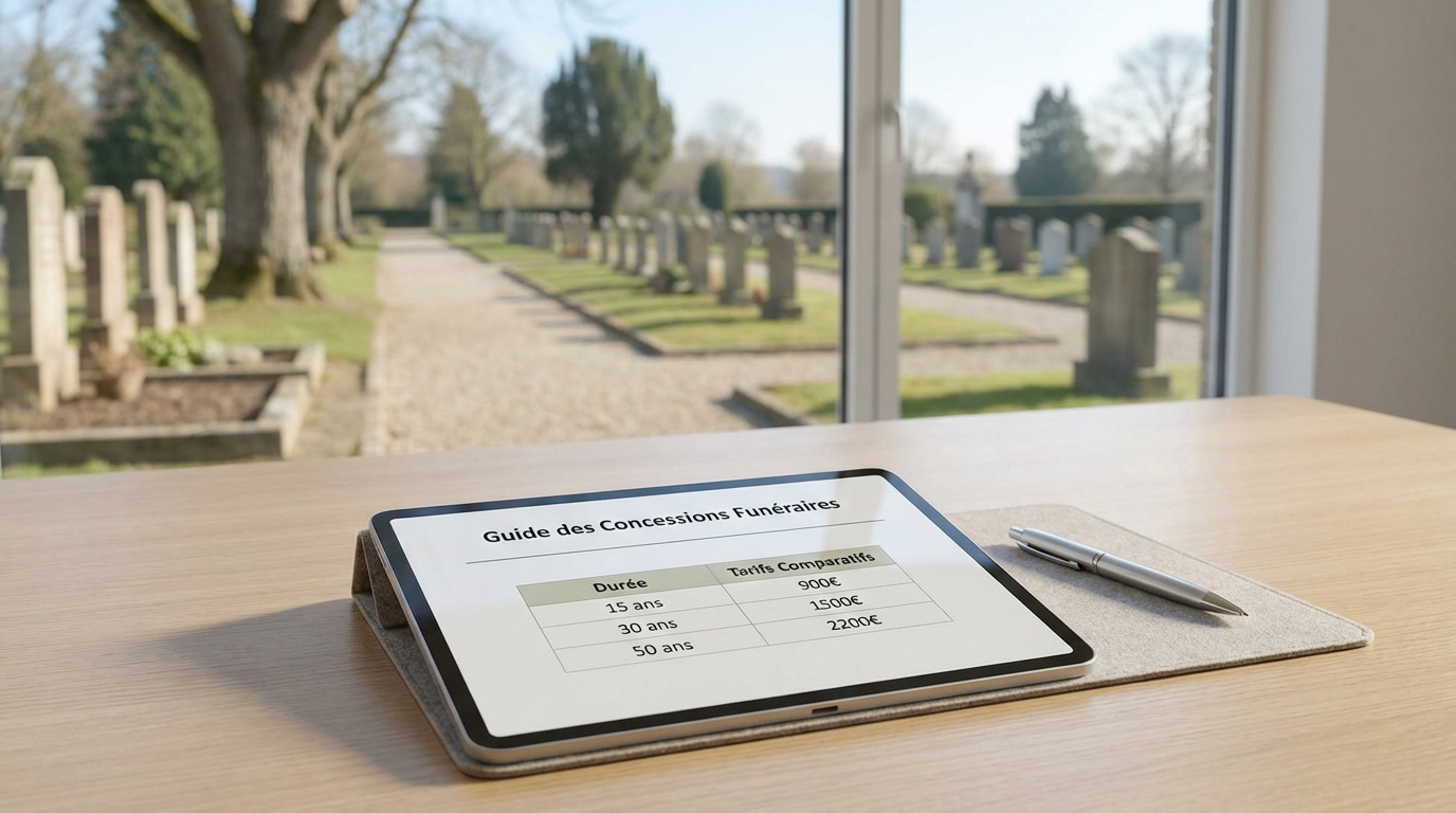 Tablette affichant un guide des tarifs de concessions funéraires sur un bureau, avec un cimetière visible par la fenêtre.