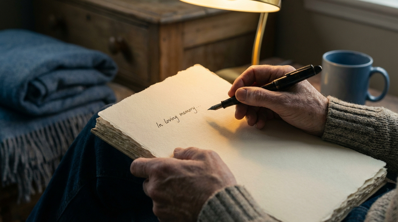 Mains d'une personne âgée écrivant « In loving memory » avec un stylo-plume sur un carnet épais, lumière chaude.