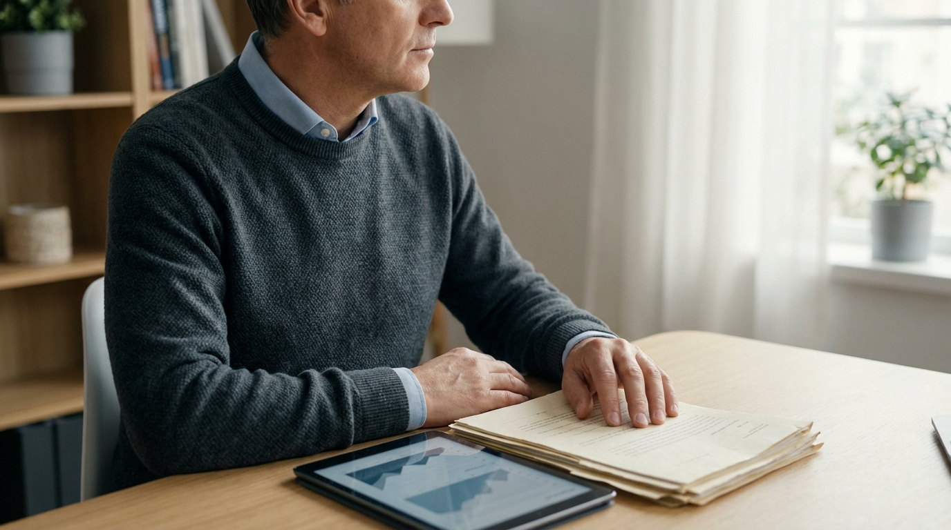 Homme pensif face à des documents et une tablette. Il gère des démarches bancaires et administratives post-décès.