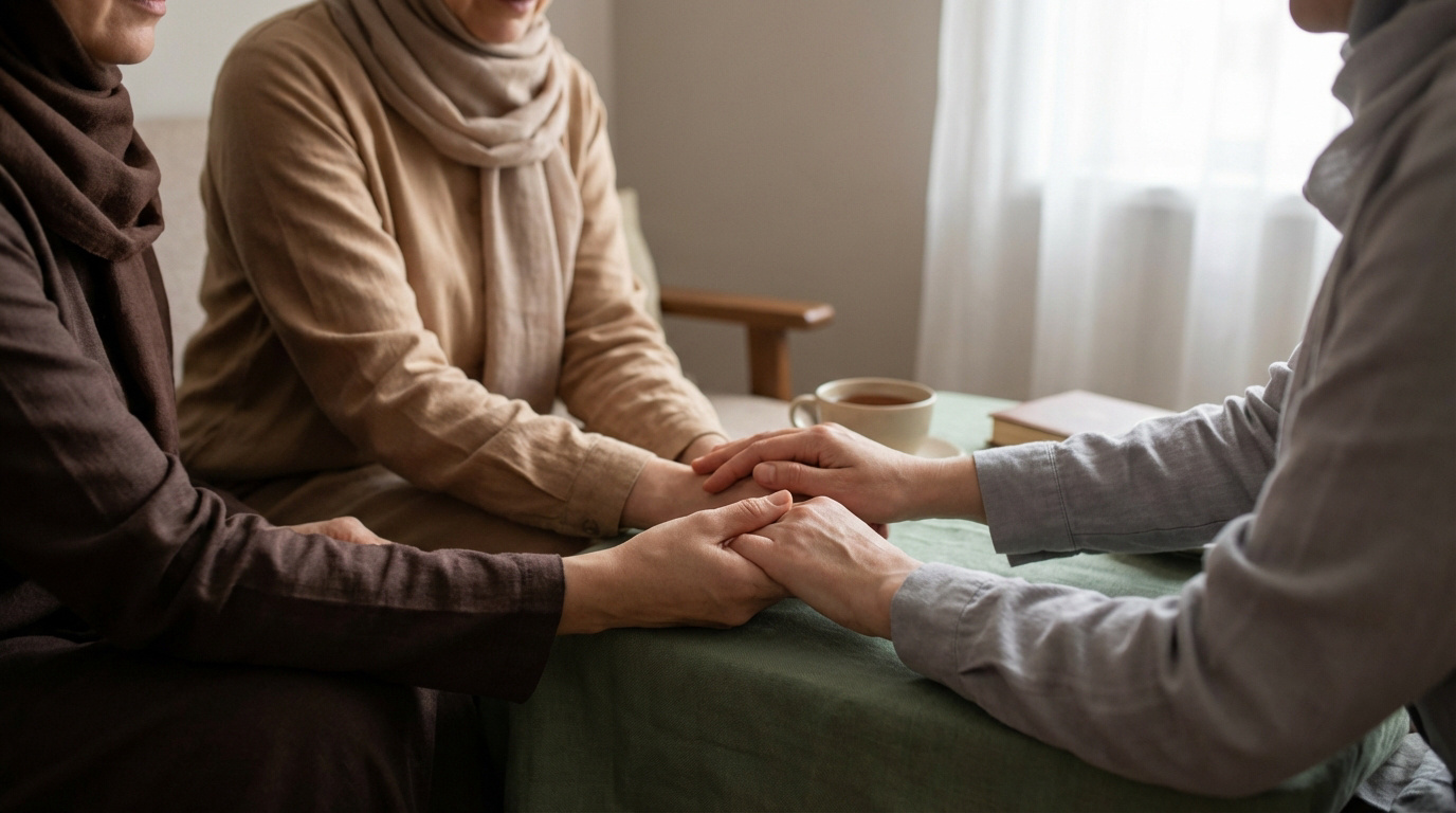 Gros plan sur trois femmes musulmanes offrant leur soutien et réconfort en se tenant les mains sur une table.