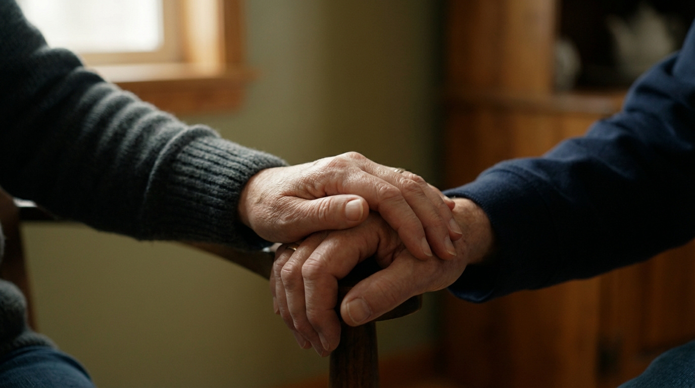 Gros plan sur deux mains âgées, l'une posée sur l'autre, exprimant réconfort et soutien. Contexte intérieur doux.