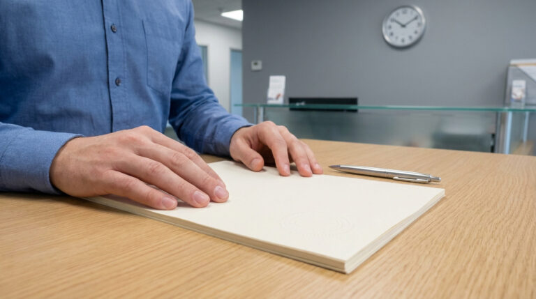 Gros plan sur les mains d'une personne en chemise bleue posées sur des documents officiels avec un sceau, à côté d'un stylo, dans un bureau.