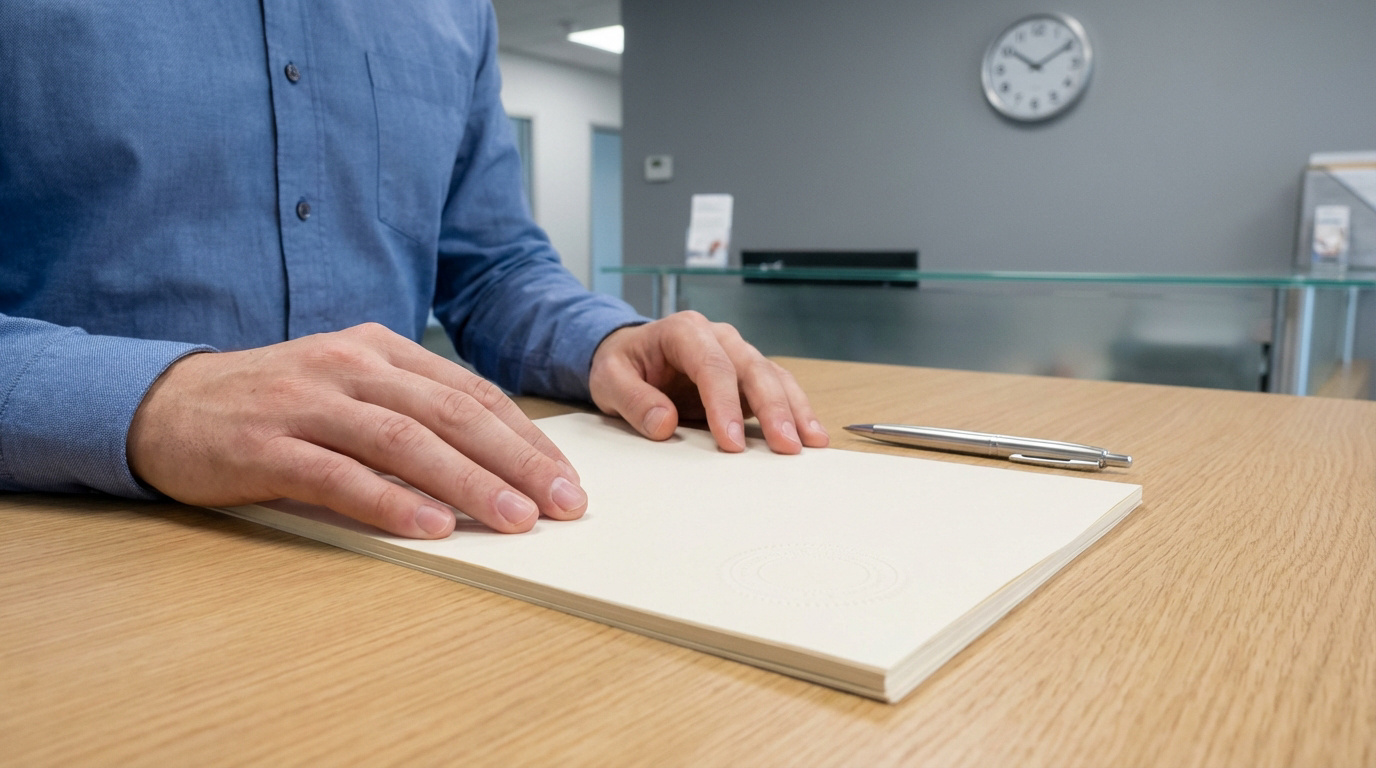 Gros plan sur les mains d'une personne en chemise bleue posées sur des documents officiels avec un sceau, à côté d'un stylo, dans un bureau.