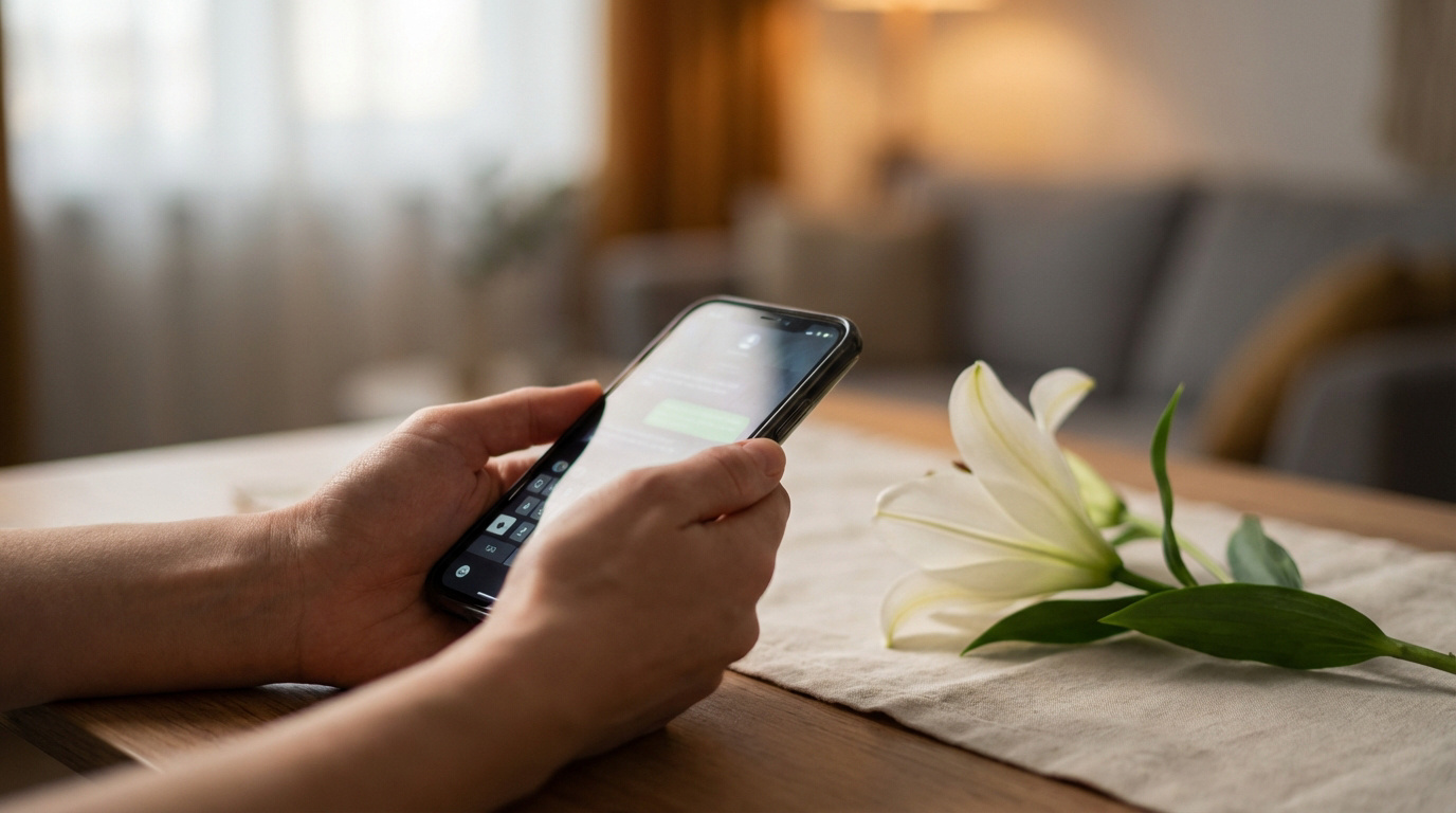 Mains tenant un smartphone pour envoyer des condoléances, avec un lys blanc sur une table en bois. Ambiance calme.