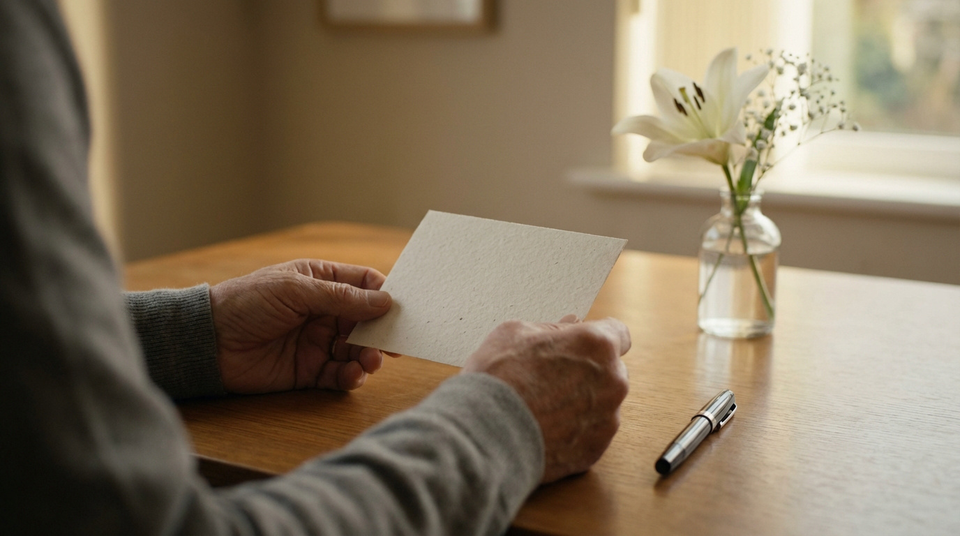 Gros plan sur des mains âgées tenant une carte vierge, avec un stylo et un lys blanc sur une table en bois près d'une fenêtre.