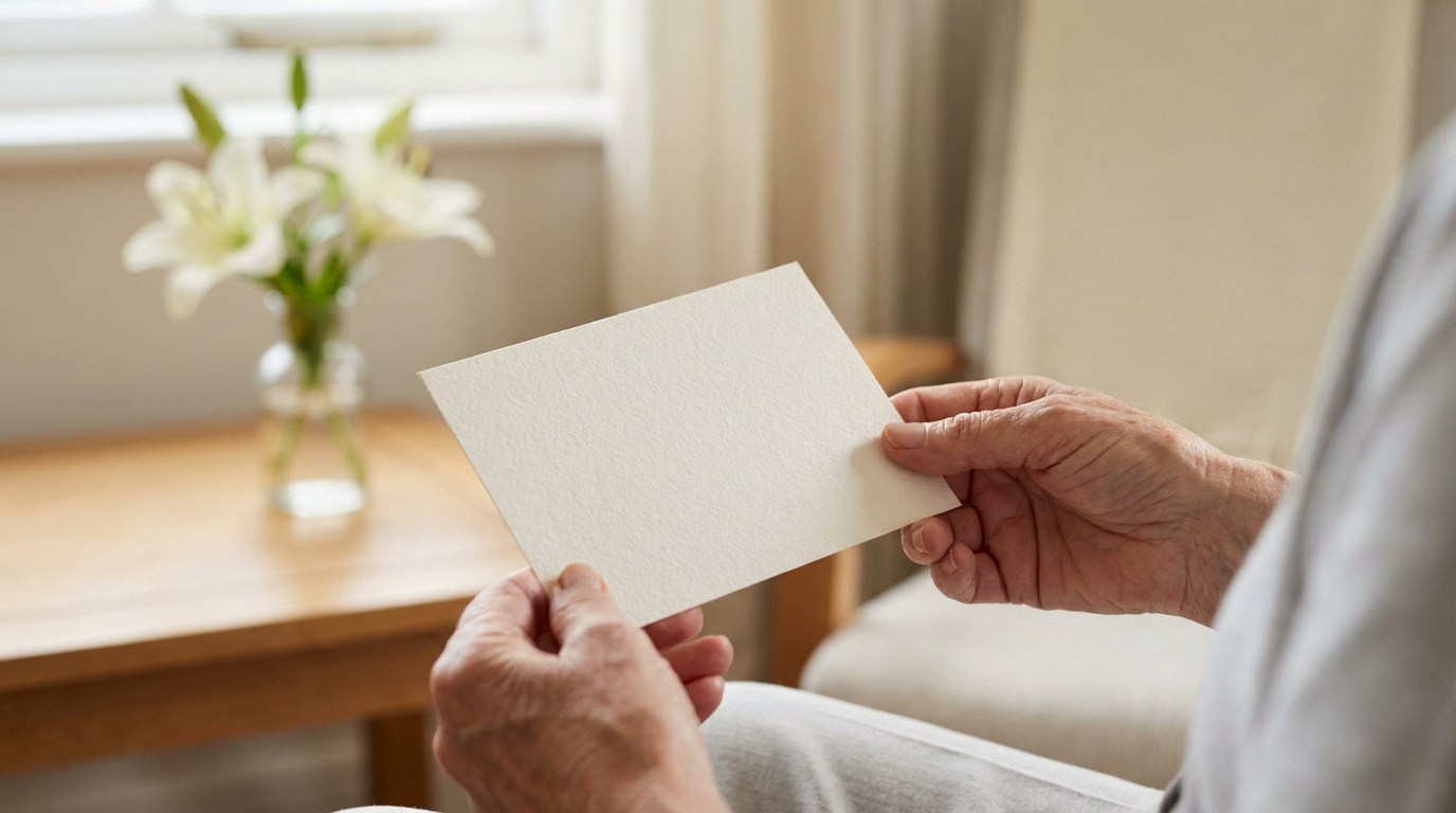 Mains ridées tenant une carte vierge prête à accueillir un message de condoléances. Des lys blancs sont en arrière-plan flou.
