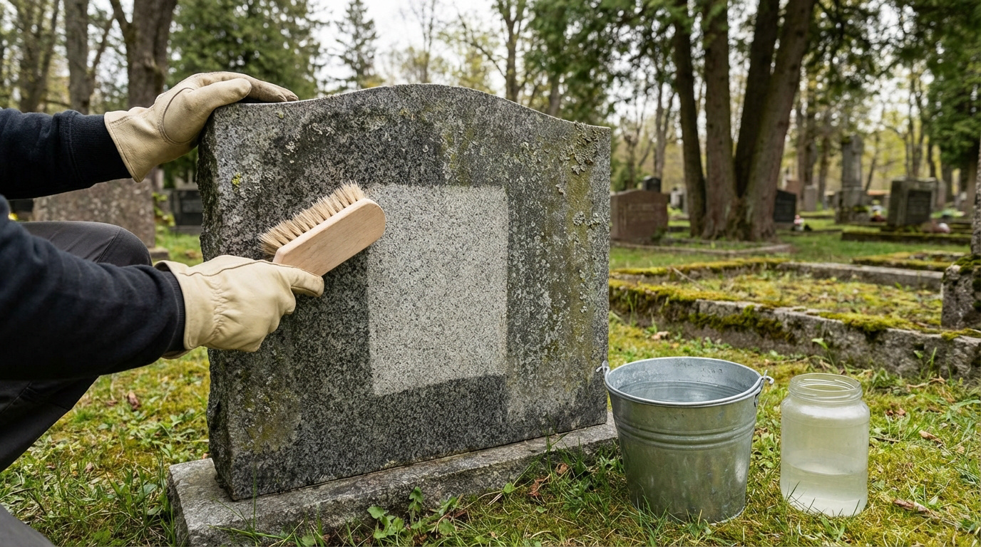 Des mains gantées brossent une pierre tombale ancienne couverte de mousse dans un cimetière, avec un seau d'eau à côté.