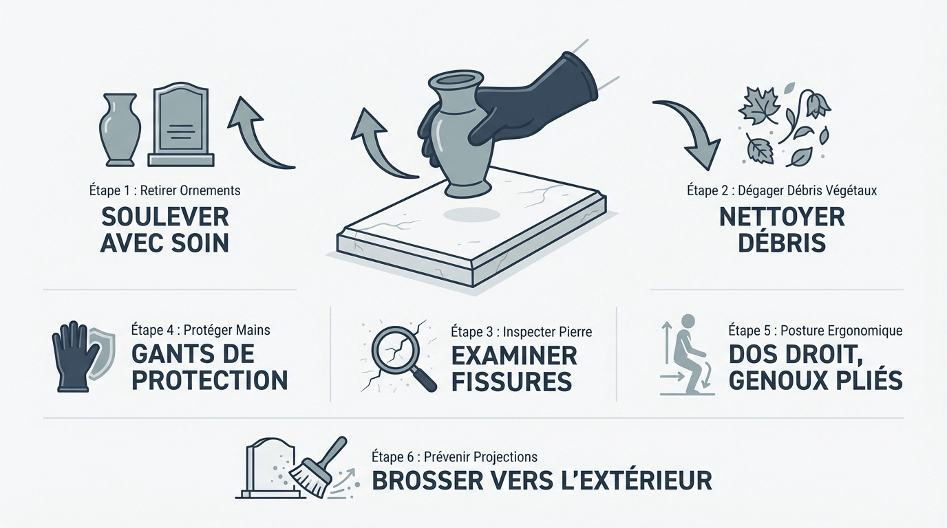 Préparation et retrait des ornements sur une tombe en granit avant nettoyage