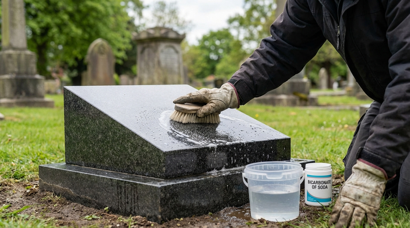 Une personne nettoie une tombe en granit noir dans un cimetière avec une brosse, de l'eau et du bicarbonate de soude.