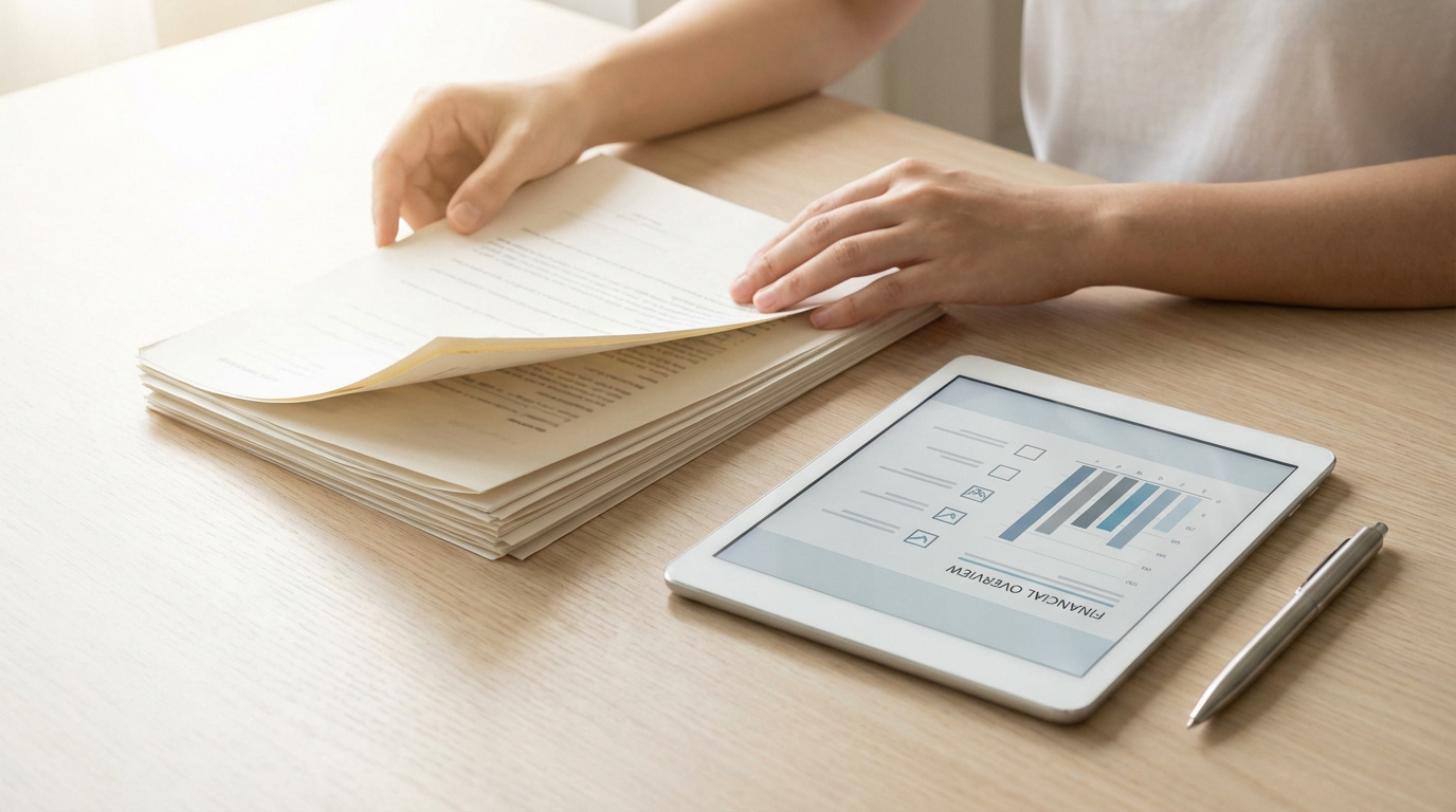 Personne feuilletant des documents papiers. À côté, une tablette affiche un aperçu financier et un stylo sur un bureau en bois clair.