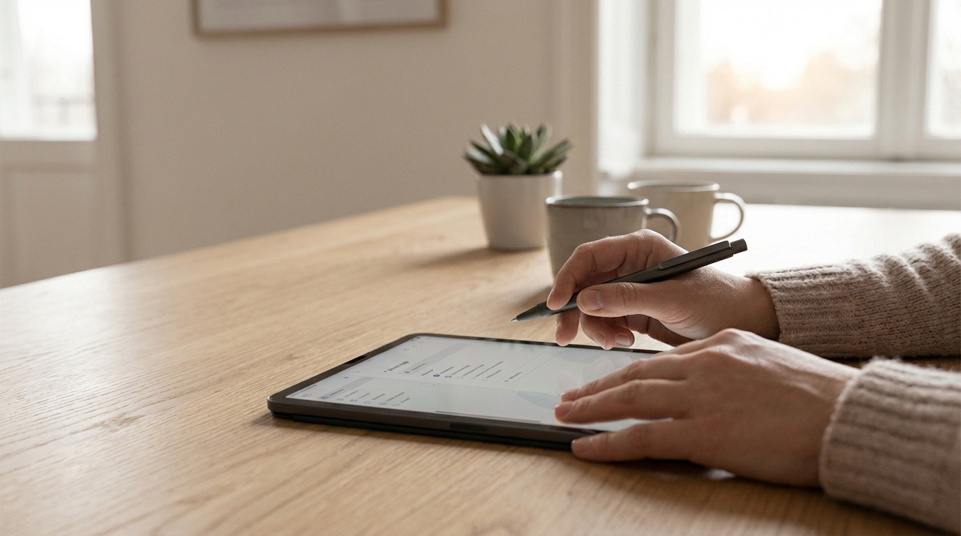 Mains utilisant une tablette et un stylet sur une table en bois clair, affichant une interface d'organisation ou de liste.