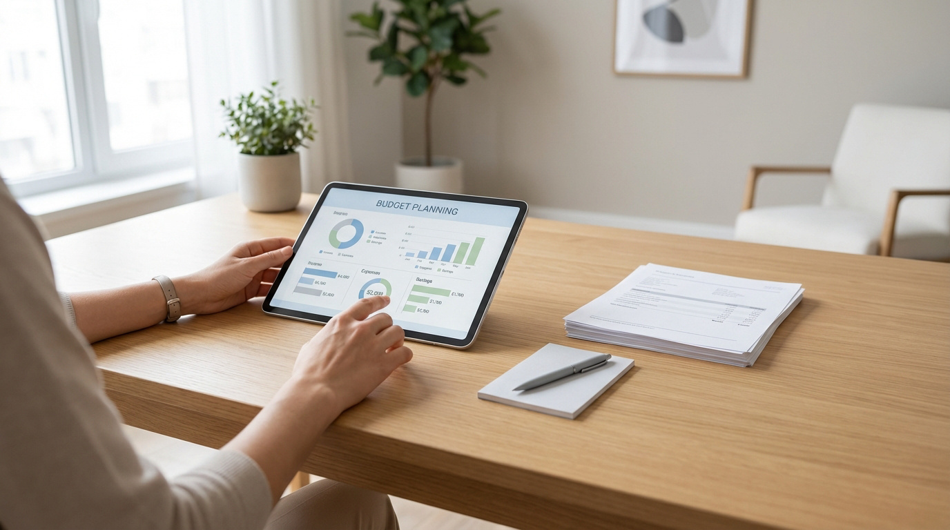 Personne préparant son budget sur une tablette. Des graphiques financiers sont affichés, à côté de documents et un carnet.
