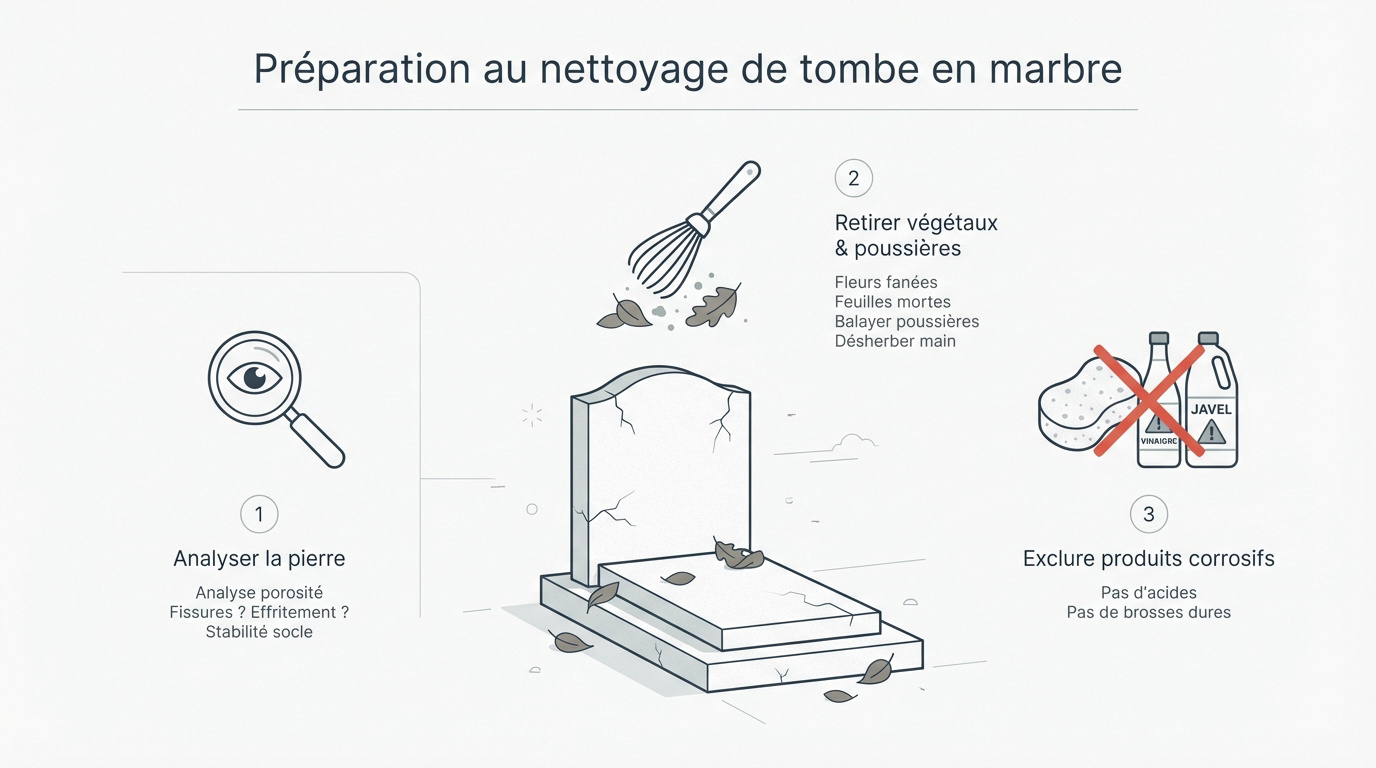 Préparation du matériel pour le nettoyage d'une sépulture en marbre