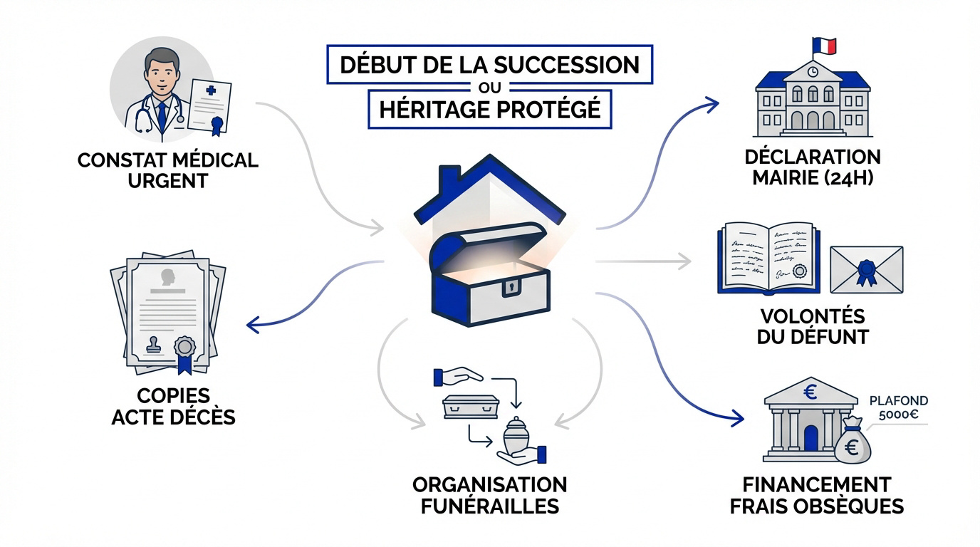 Schéma des étapes administratives et juridiques de la succession après un décès