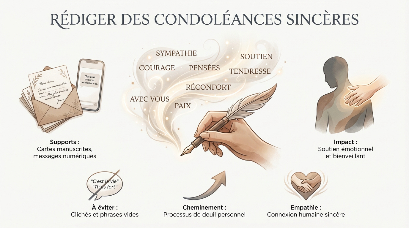 Lettre de condoléances manuscrite avec une plume et des fleurs blanches