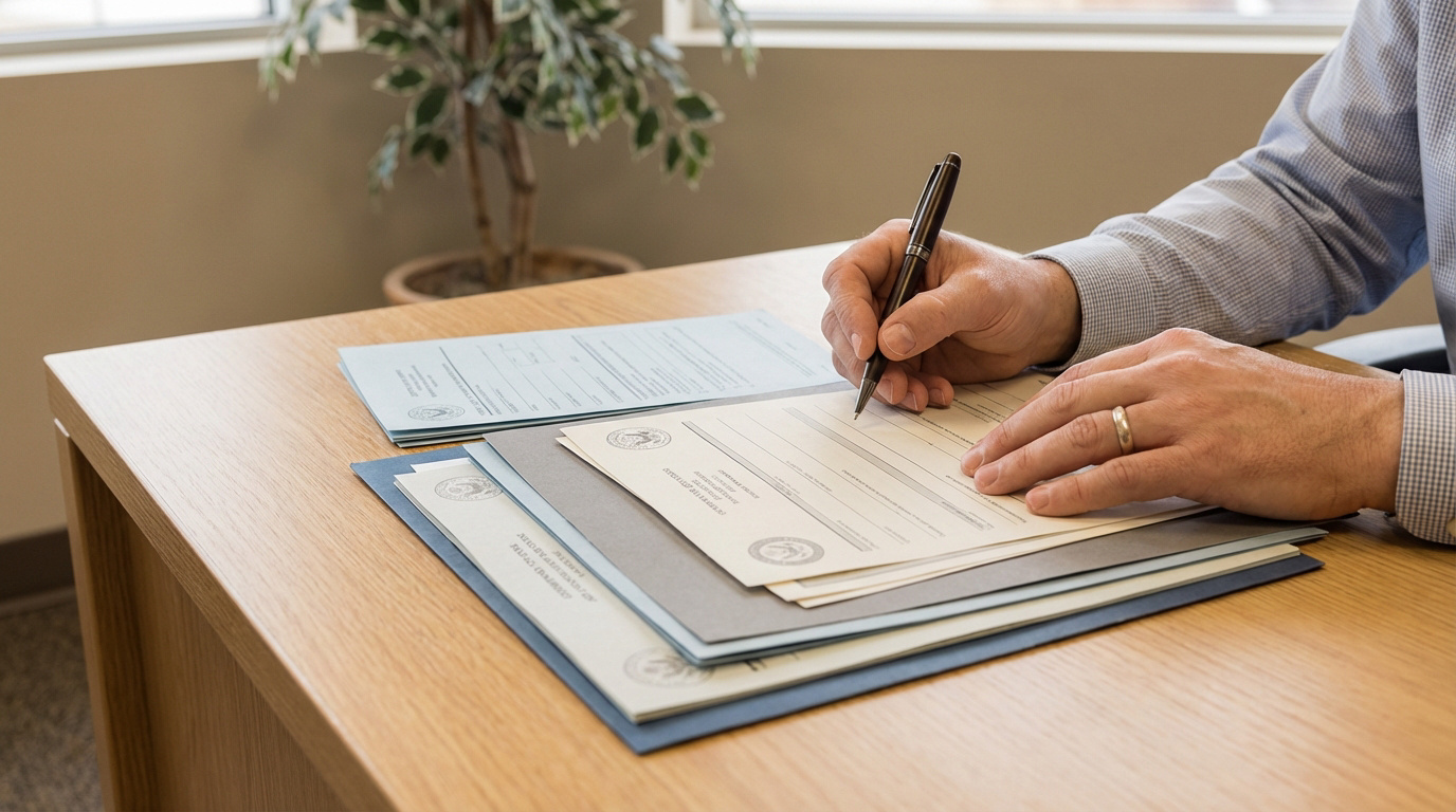 Main d'une personne signant des documents officiels, potentiellement une déclaration de décès, sur un bureau en bois clair.