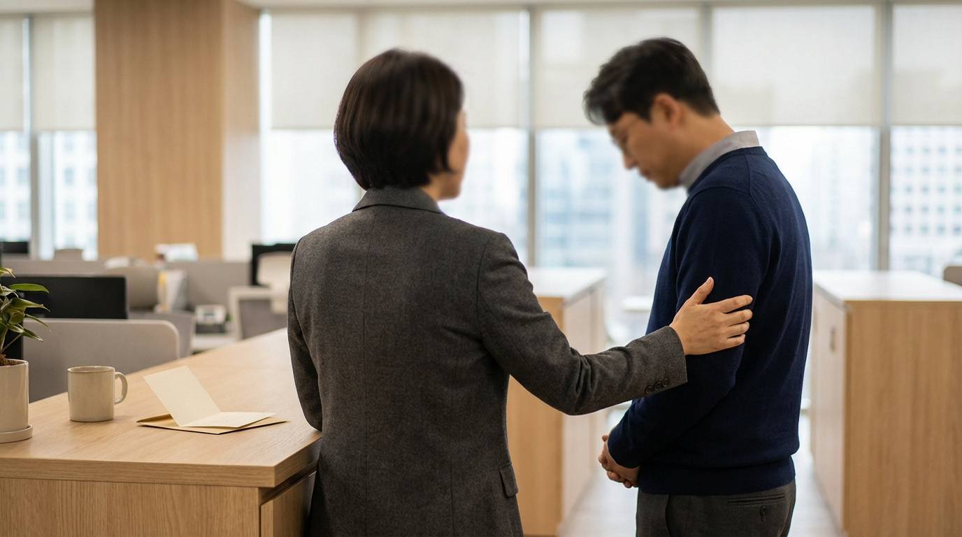 Dans un bureau, une personne réconforte un collègue attristé. Une carte de condoléances et une tasse sont sur le bureau.