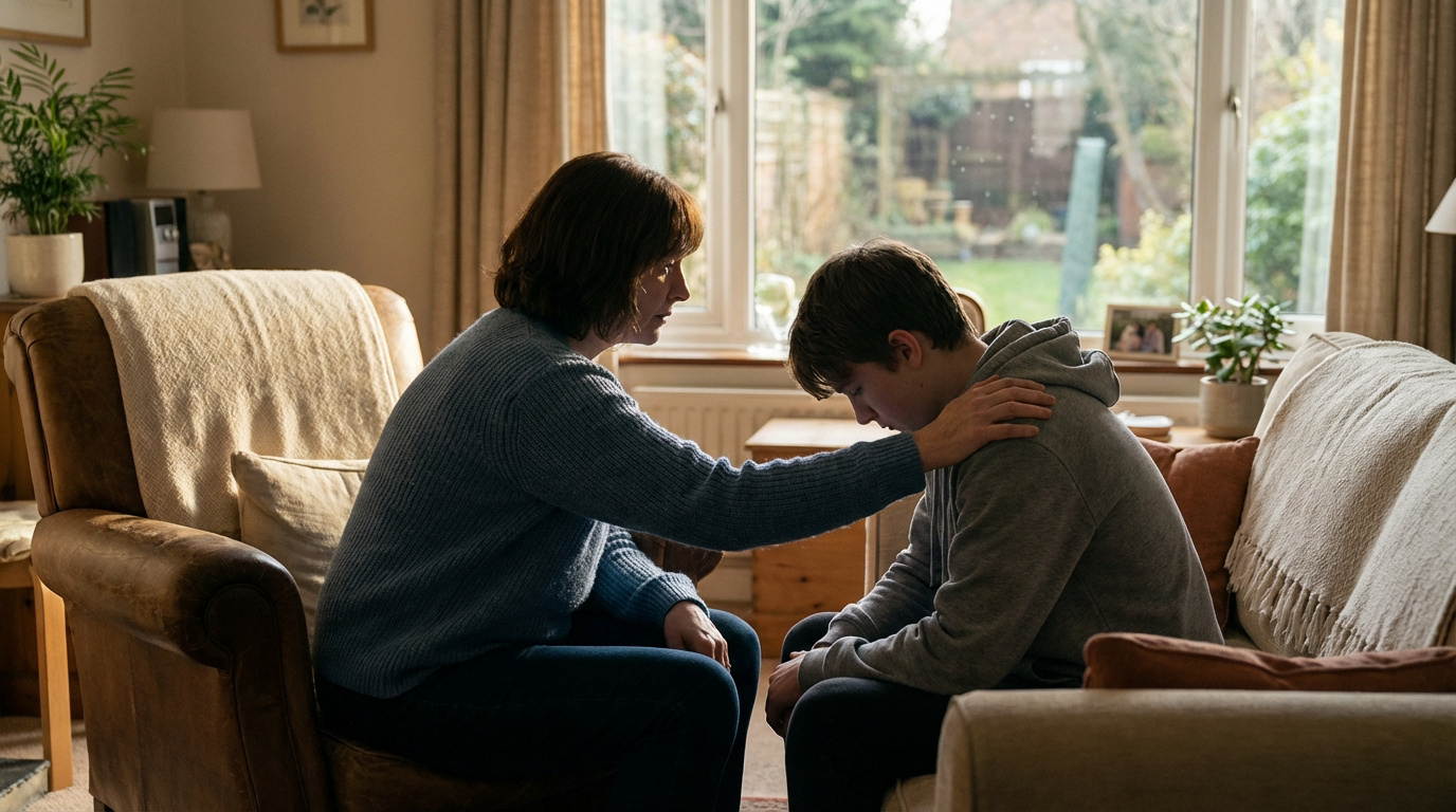 Une femme réconforte un jeune homme accablé de chagrin, posant une main sur son épaule dans un salon familial.