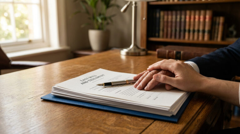 Mains posées sur un document "Last Will and Testament" avec un stylo sur un bureau en bois, arrière-plan bureau flou.